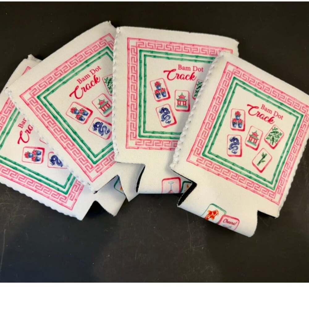 Set of 4 Mahjong Slim Can Coolers Pink Green Bam Dot Crack Drink Sleeves